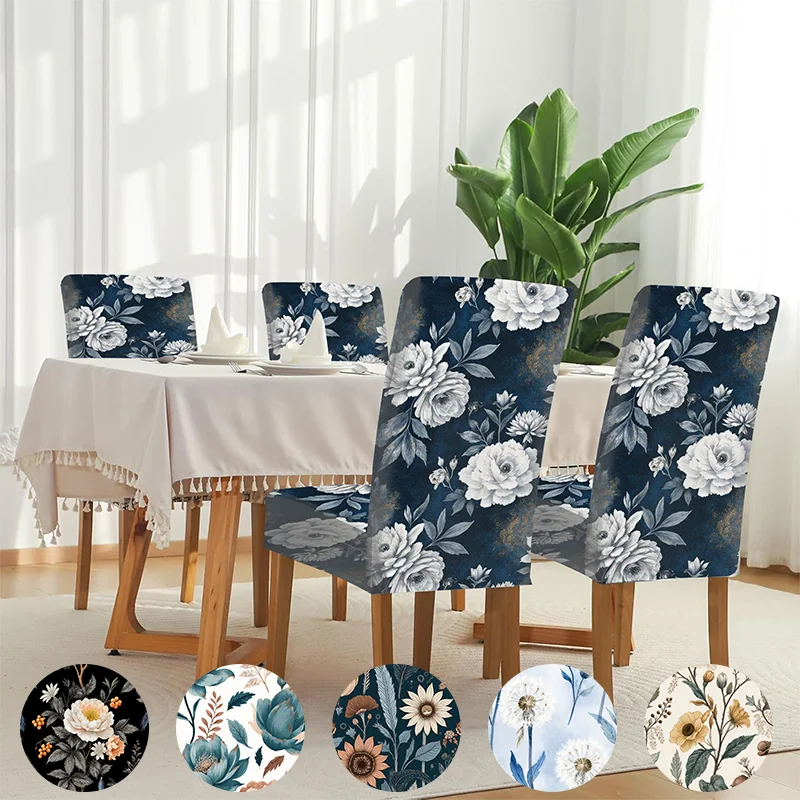 Stretch Dining Chair Cover: Elegant floral pattern, dark blue background, removable washable Home dining chair protector