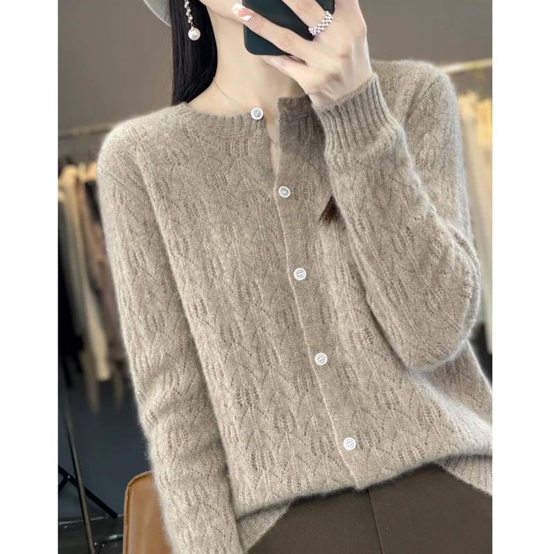 Wool Cardigan Sweater Women O-neck Long Sleeve Top Knitted Korean Style Hollow Out New In Outerwear Mujer Knitwear Spring Clothe