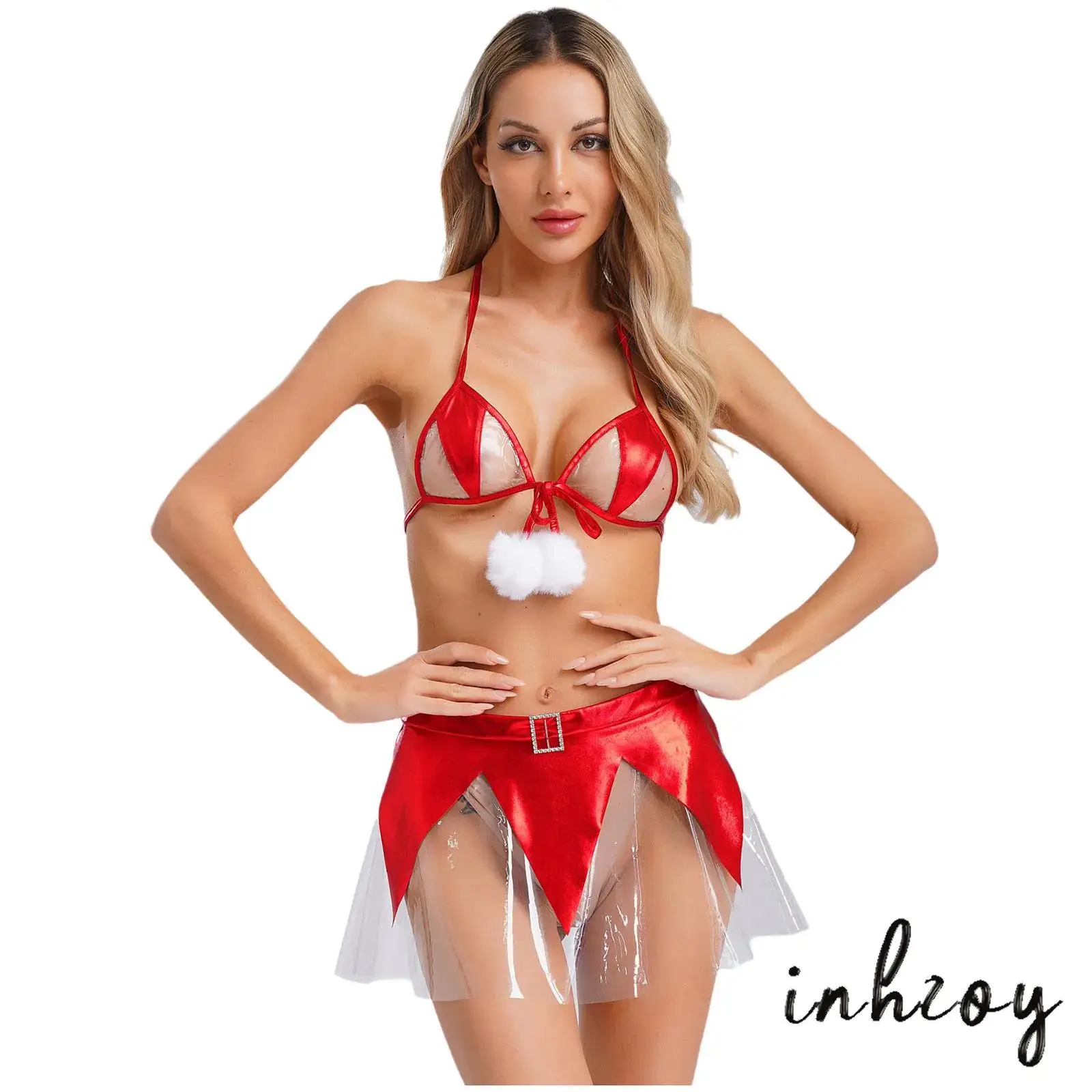 

Women Lingerie Christmas Costume Tied Halter Pompom Bra with See Through Side Zipper Mini Skirt for Xams Candy Cane Party Club