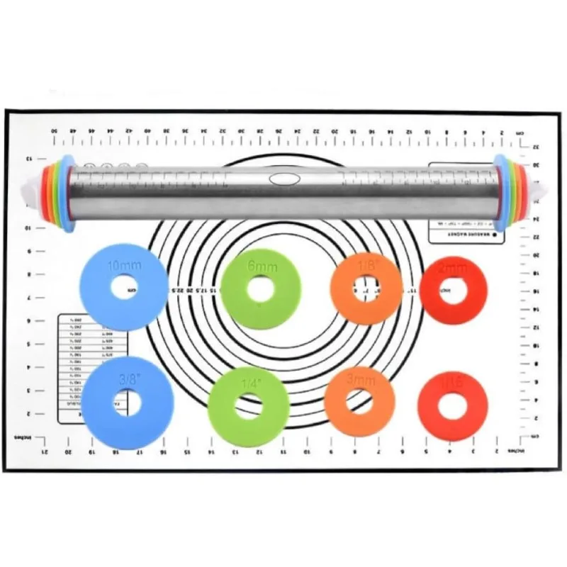 Stainless Steel Rolling Pin with Adjustable Thickness Rings,Dough Roller and Silicone Baking Pastry Mat Set or Only Mat