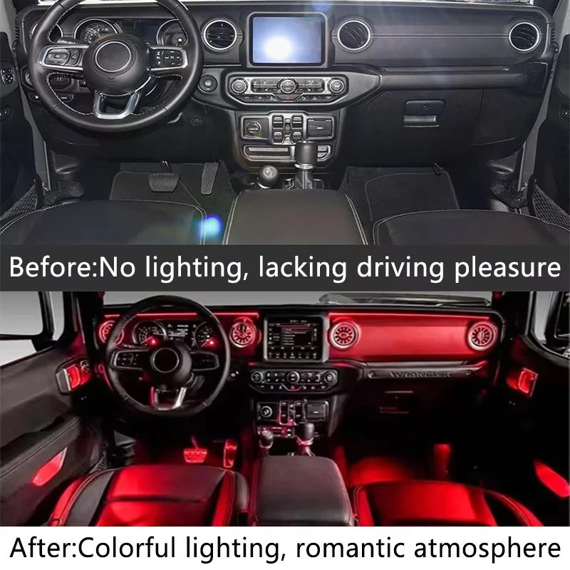 Luz ambiental Interior LED 20 en 1 con salidas de aire para Jeep Wrangler JL 2018-2023 lámpara de ambiente de iluminación de decoración de 64 colores