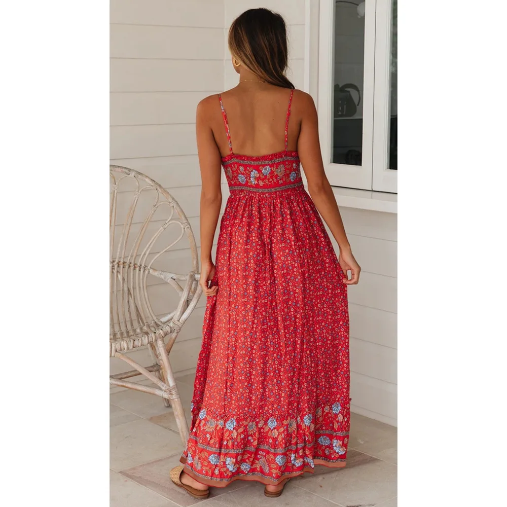 Summer New Big Swing Dress For Women Bohemian Style V-neck Suspender Sexy Backless Floral Dress