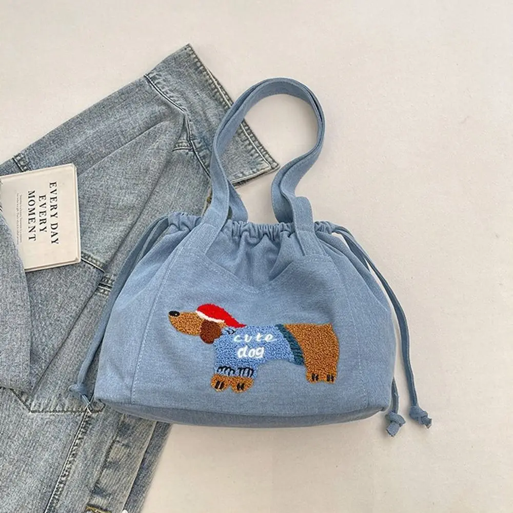 

Cute Dog Denim Drawstring Shoulder Bag Dumpling Bag Shoulder Bag Denim Cloth Bag Letter Tote Bag Handbag Printed Bucket Bag