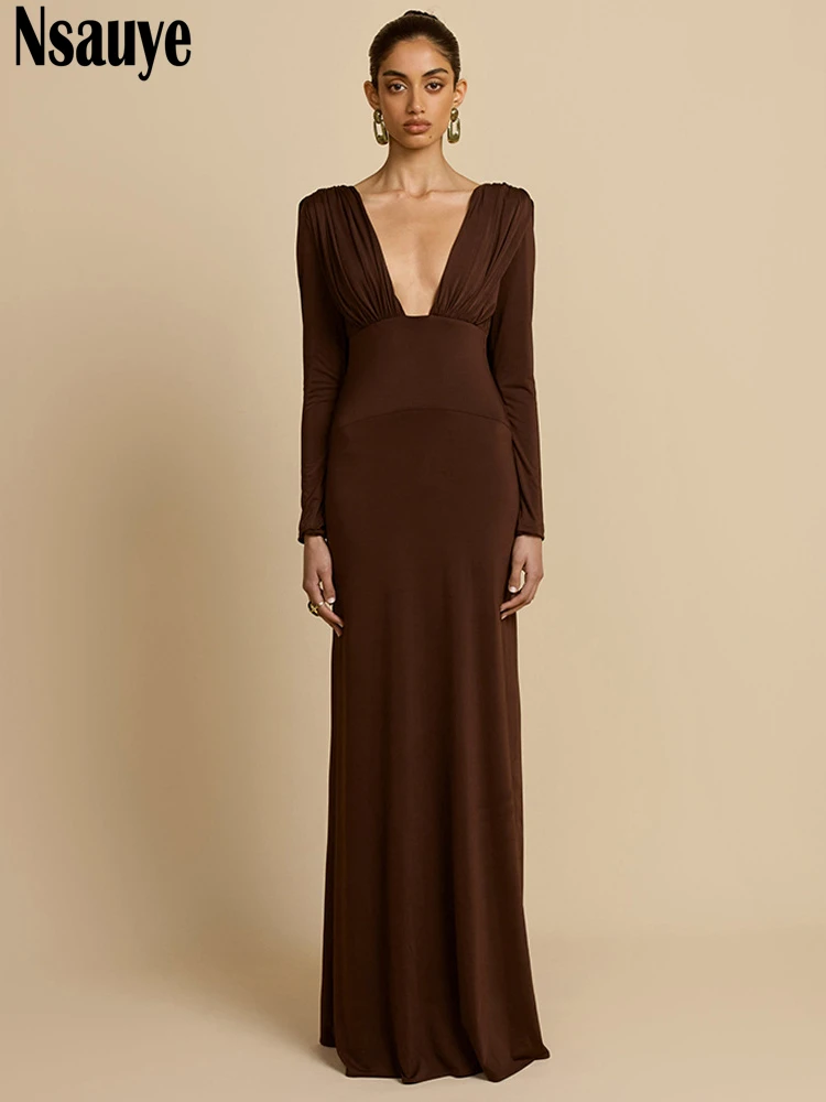 Nsauye 2025 ropa de otoño trajes nueva moda elegante mujer manga larga corte bajo Sexy Night Club Maxi vestidos de fiesta de noche