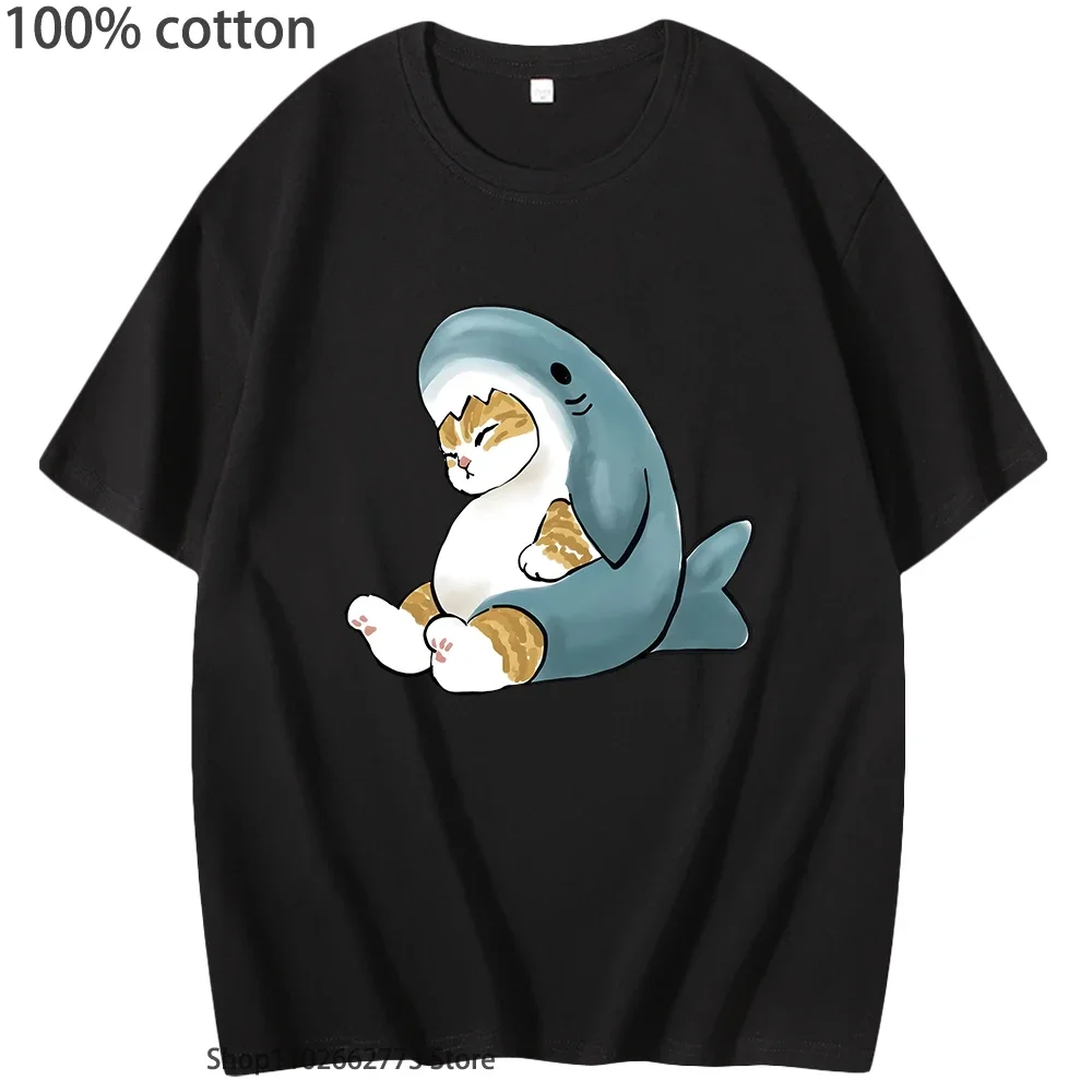 

Футболки Kawaii Shark Cat для девочек-подростков, топы из 100% хлопка, футболка с мультяшным принтом, женские повседневные летние футболки с круглым вырезом и короткими рукавами