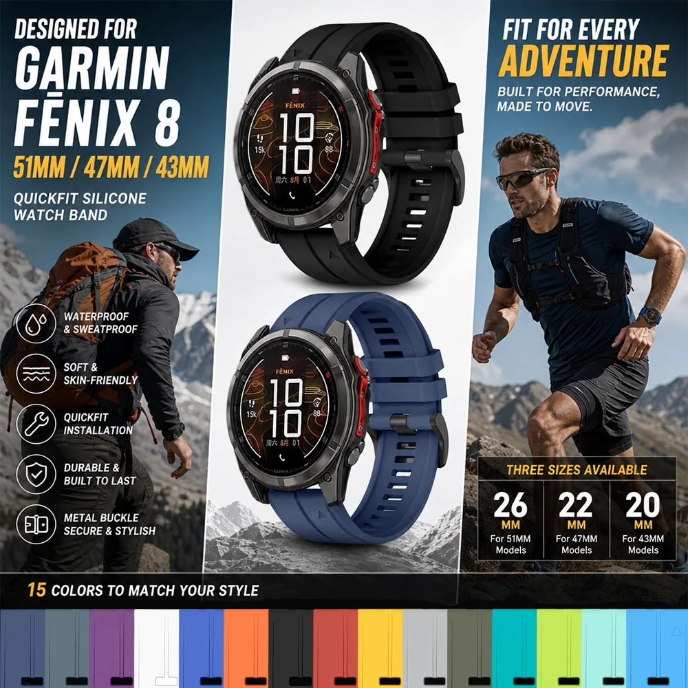 Silicone Band for Garmin Fenix ​​8 51mm 47mm 43mm Strap 26mm 22mm 20mm Outdoor Replacement Band for Garmin Fenix ​​8 7 6 5X Band