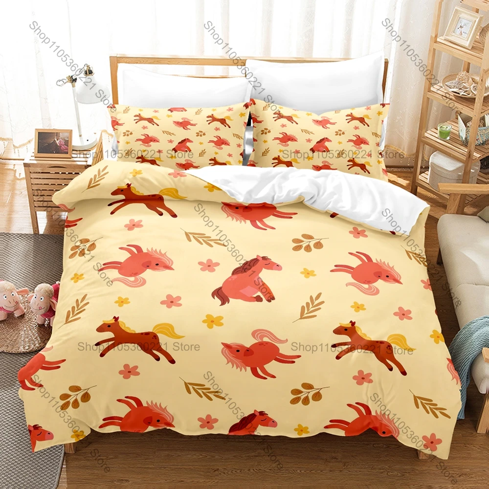 Kawaii Cartoon Horse Three Piece Bedding Set Luxury Comforter Set with Queen King Size Cool Two household goods Anime Cama Infan