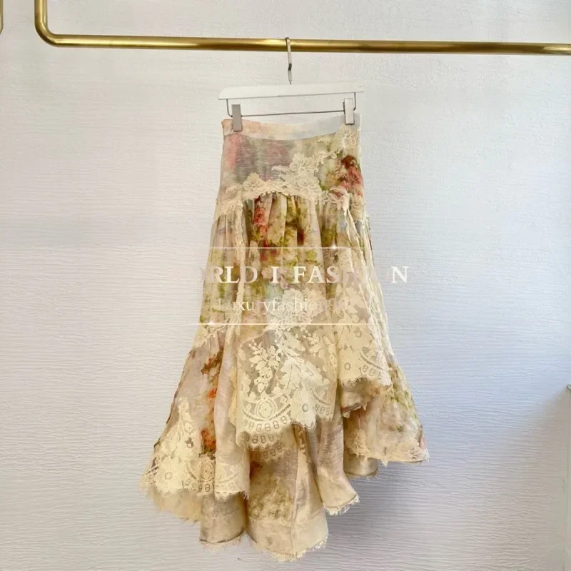 

Summer Beach Beige Yellow Lace Patchwork Irregular Hem Skirt for Women