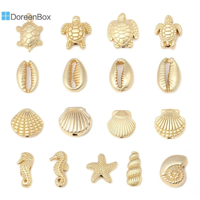 Doreen box joias oceanas contas de liga de zinco tartaruga concha estrela peixe animal dourado fosco acessórios para joias faça você mesmo 10 peças