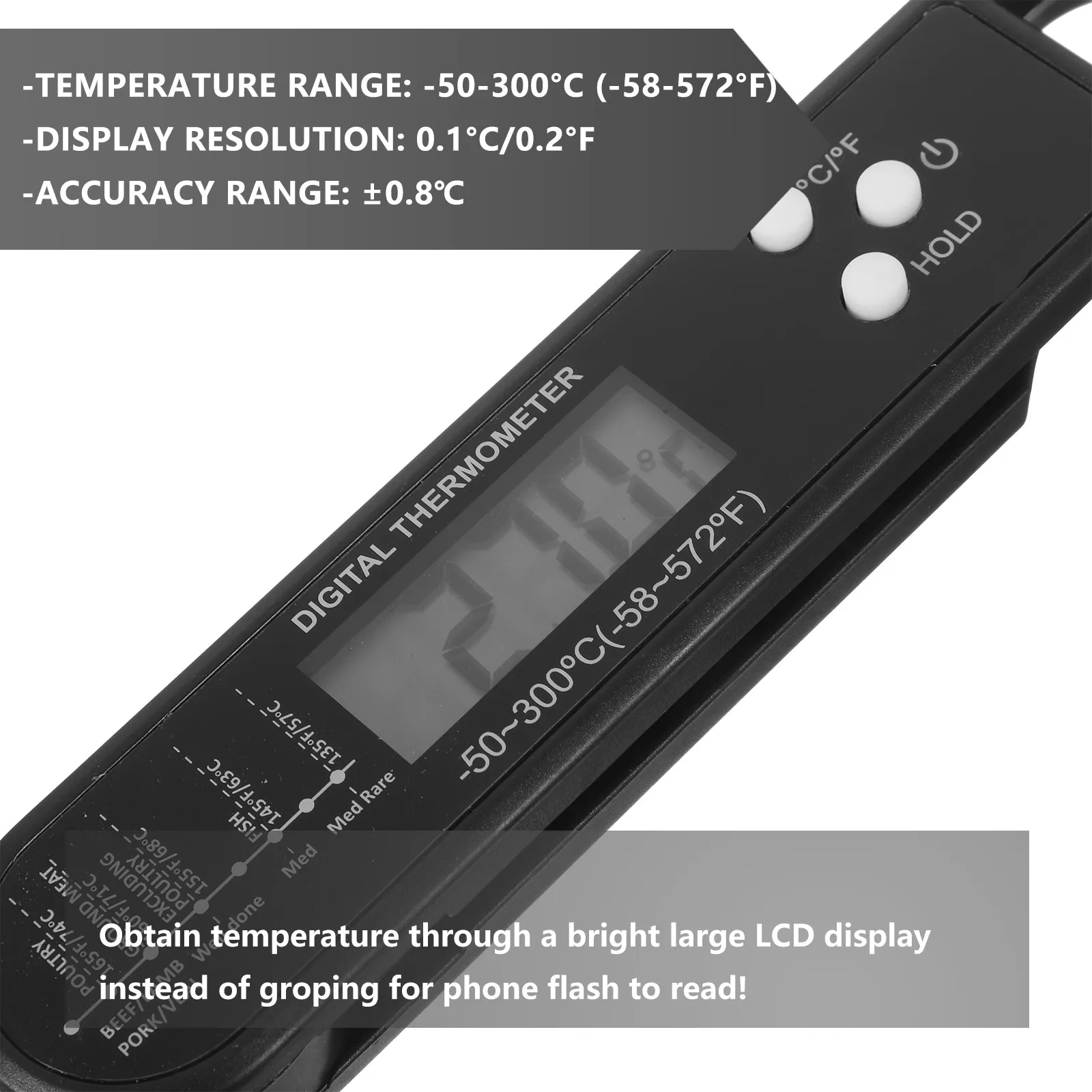 Termômetro Digital para Carne em Aço Inoxidável com Sonda Longa Dobrável e Leitura Instantânea para Churrasco, Assados, Fritadeira a Ar e Uso na Cozin