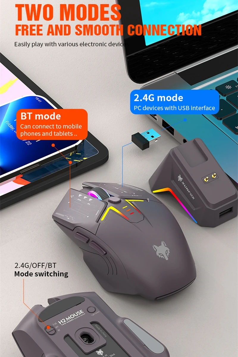 Wireless Mouse Bluetooth 2.4G USB Wireless Gaming Mouse RGB Light Magnetic Charging Dock 7 Key Ergonomic 3200 DPI H2 for Win iOS