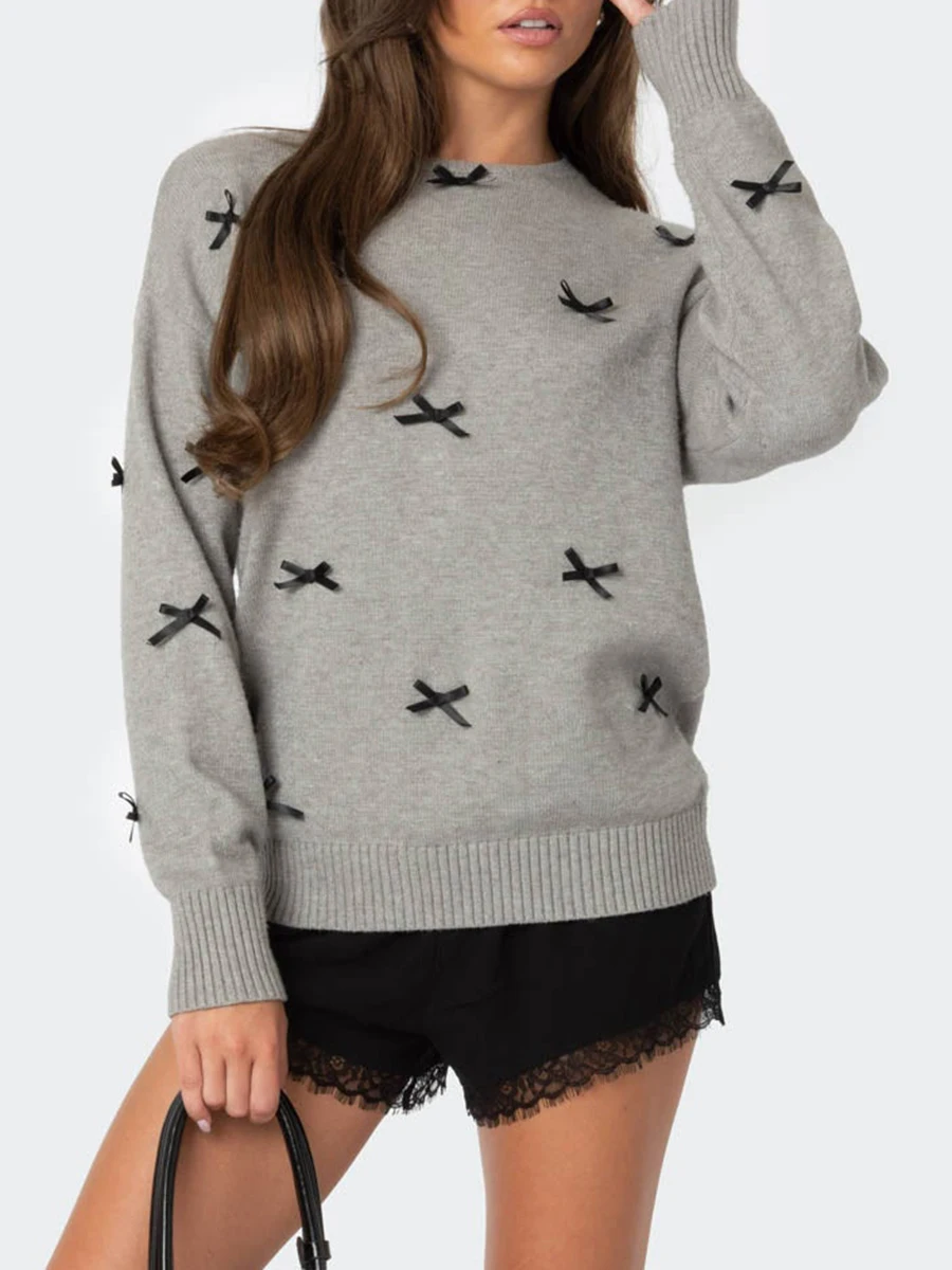 Women s Autumn Knitted Sweater O-Neck Long Sleeve Bow Patch Pattern Solid Color Casual Cozy Soft Fashion Tops