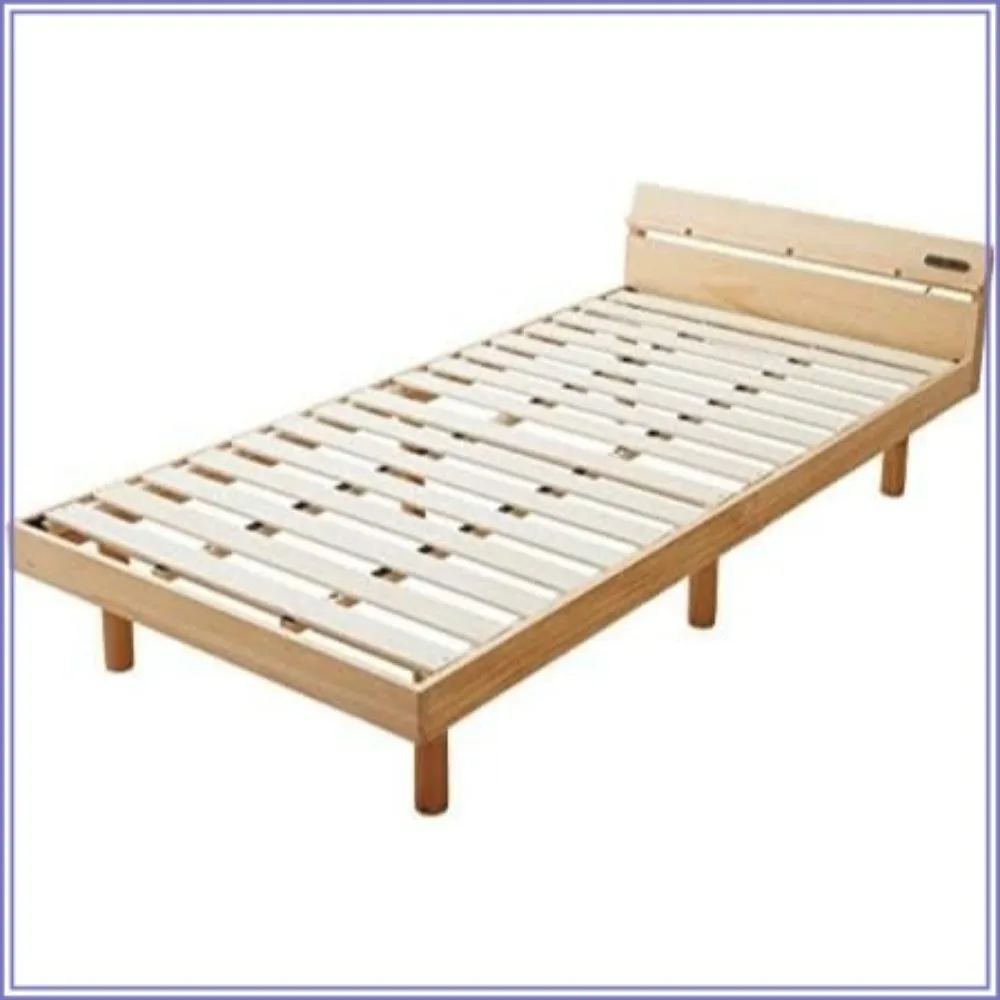 Twin solid pine wood bed frame charging station, adjustable height for Japanese futon mattress