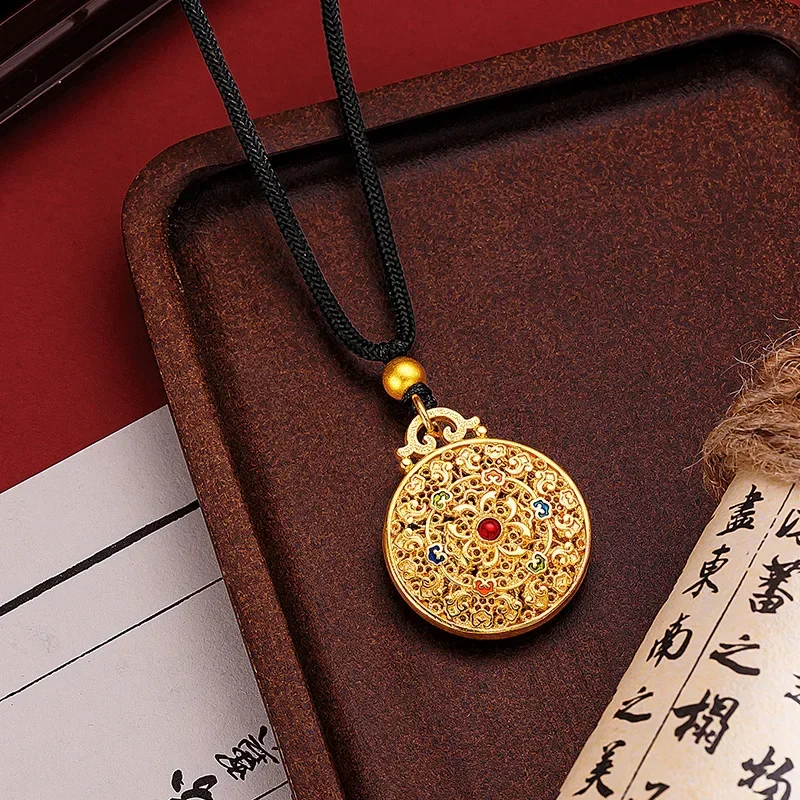 

9999 Real Gold 24K Black Rope Necklace Enamel Color Hollow Flower Silk Xiangyun Ruyi Pattern Pendant Lanyard