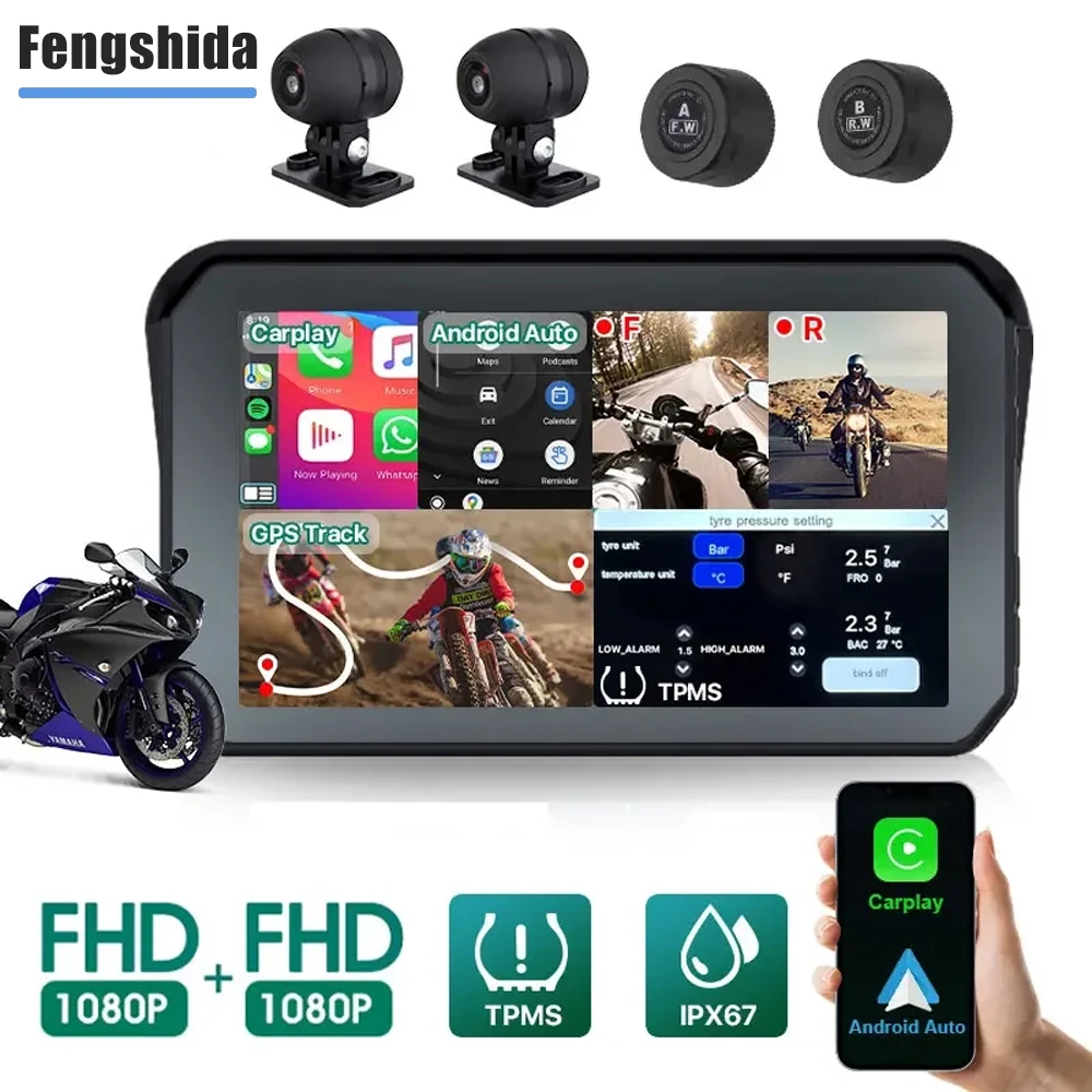 

Android Auto Motorcycle Carplay Waterproof 1080P 5 inch WiFi Wireless Android-Auto DVR Monitor Dash Cam GPS Navigation TPMS