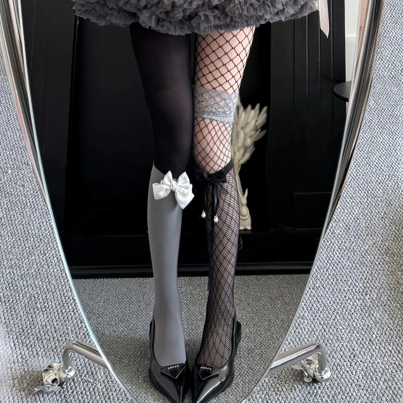 JK Girls AB Two-Tone Pantyhose Black White Velvet Fishnet Spliced Tights Asymmetric Yin-Yang Design Stretch Slim Base Hosiery