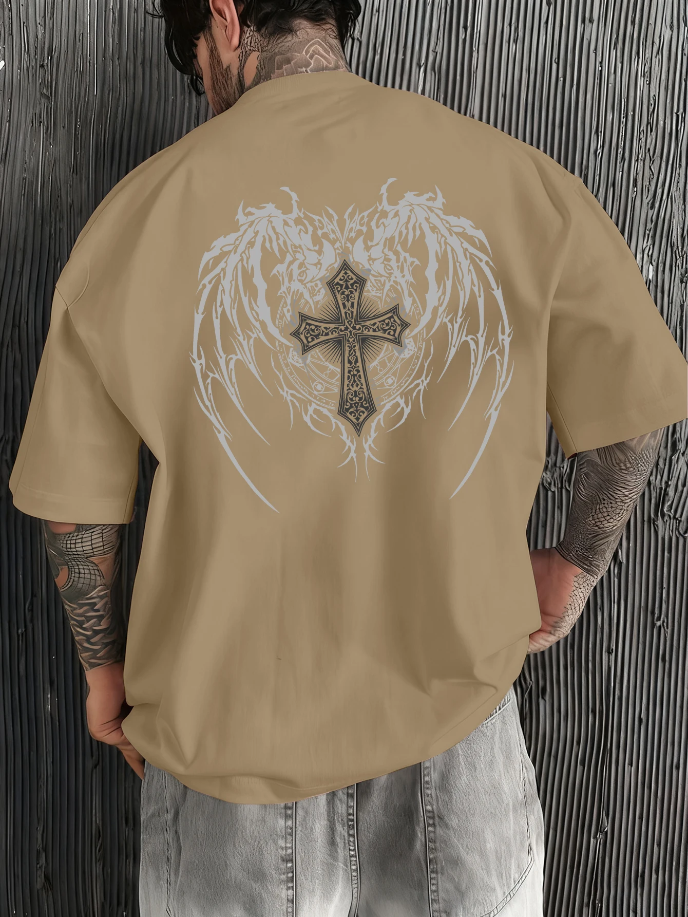 Men Pink Oversized T-Shirt Gothic Ornate Cross Sharp Wing Totem Circle Back Print Dark Grunge Streetwear Loose Tee
