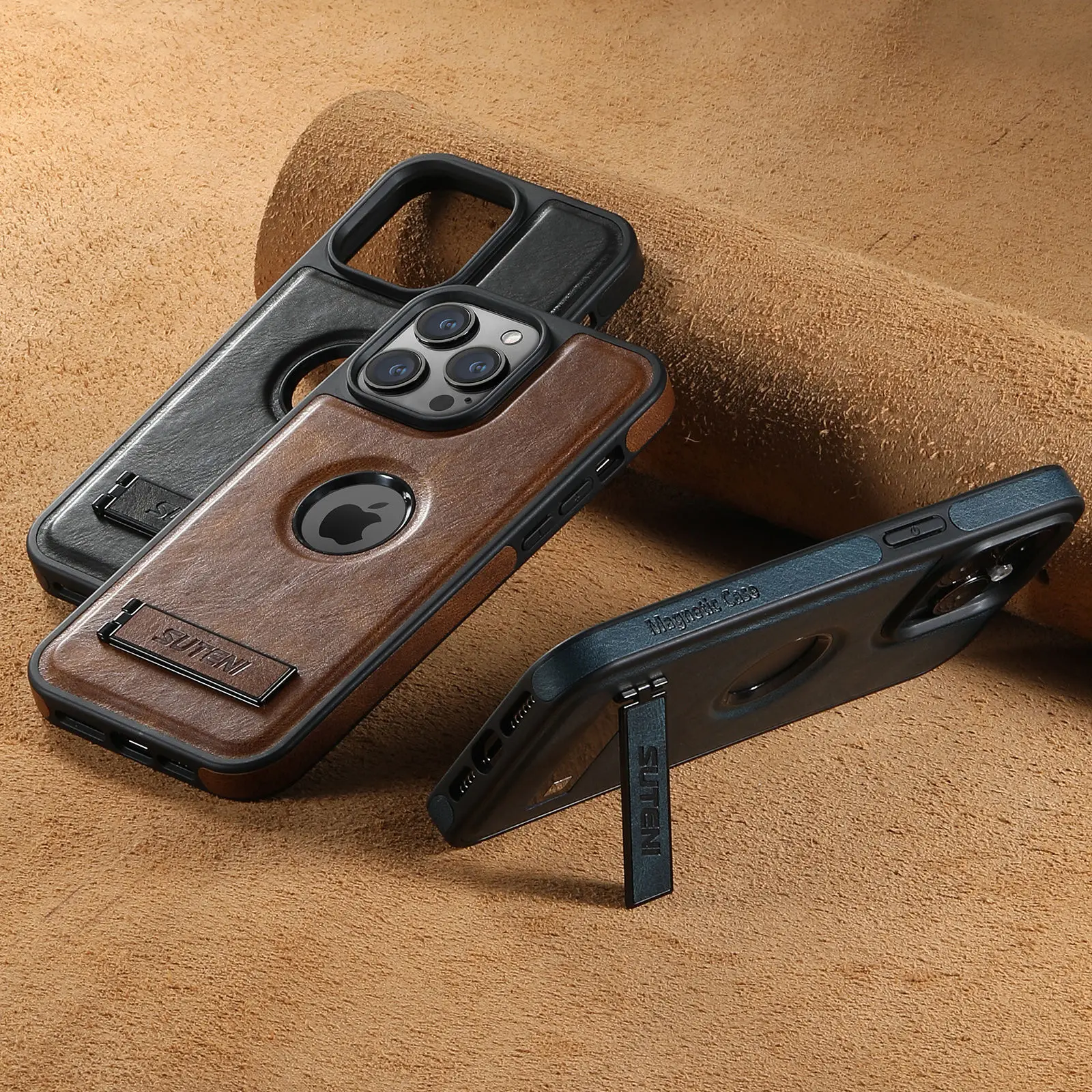 For iPhone 18 Pro 17 16 15 14 13 12 Pro Max Leather Case with Mag-safe Built-in Invisible Stand Protective Slim Kickstand Cover
