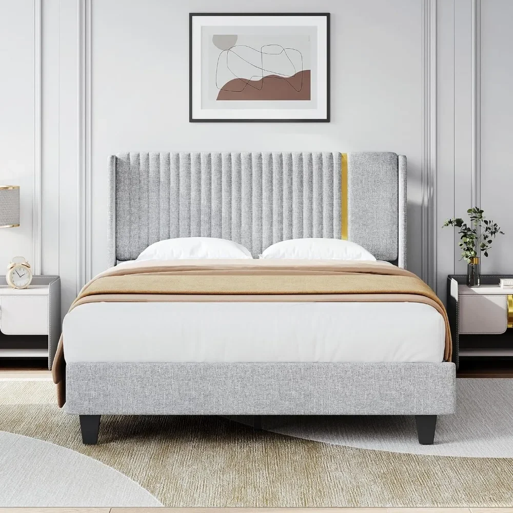 Full/Queen/King Bed Frame Upholstered Platform Headboard & Strong Wooden Slats, Linen Bed Frame Metal Base, Non-Slip Noise-Free