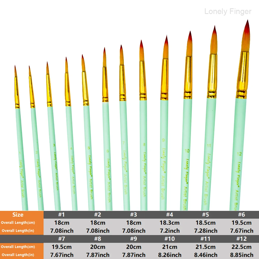 Professional 12PCS Round Painting Artist Paint Brush for Acrylics Water Color Oil Gouache Ink
