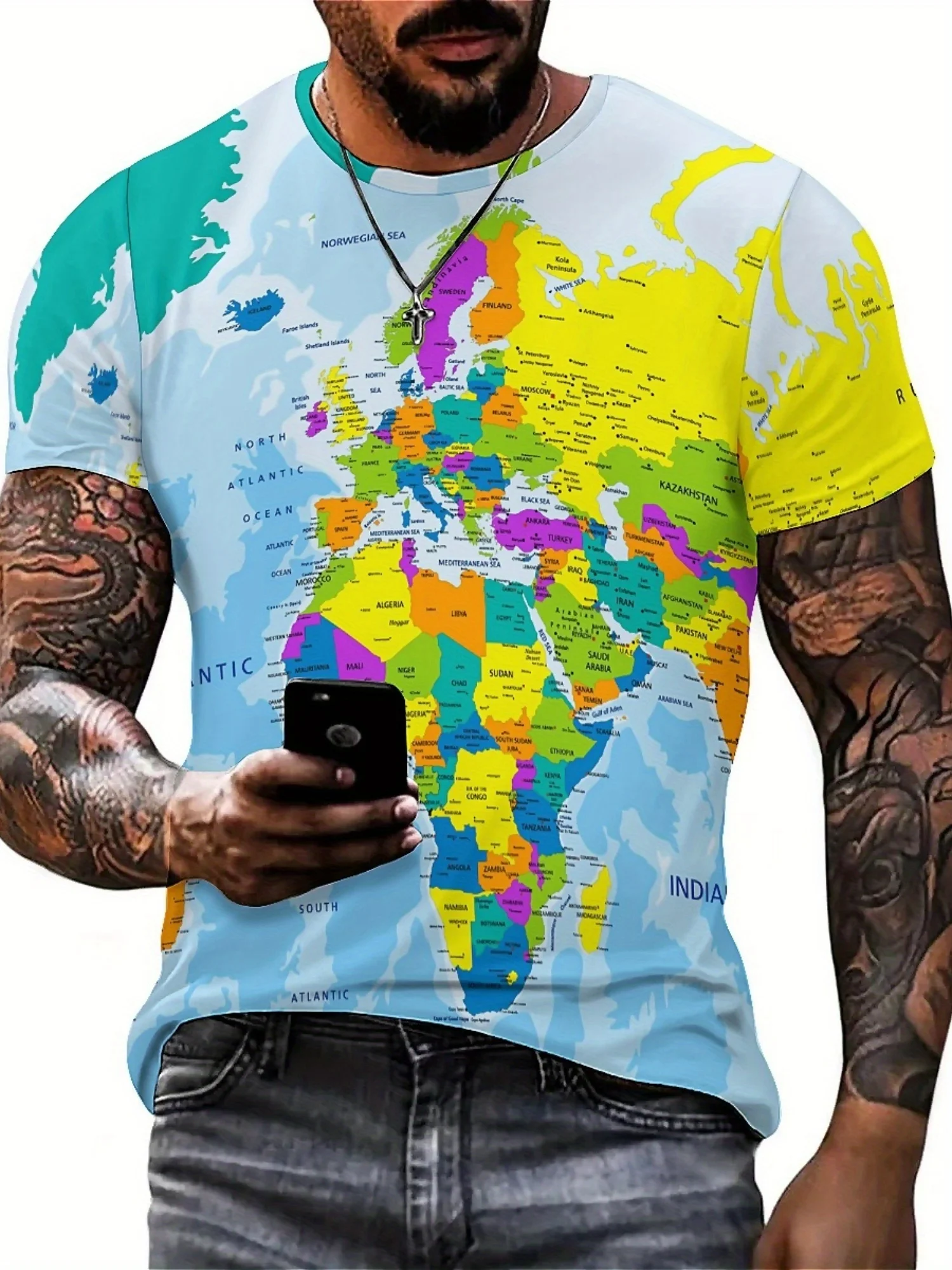 Men'S Vintage Map 3D Print T-Shirt - Soft Polyester, Crew Neck, Short Sleeve, Machine Washable, Bright Colors, Realistic Design