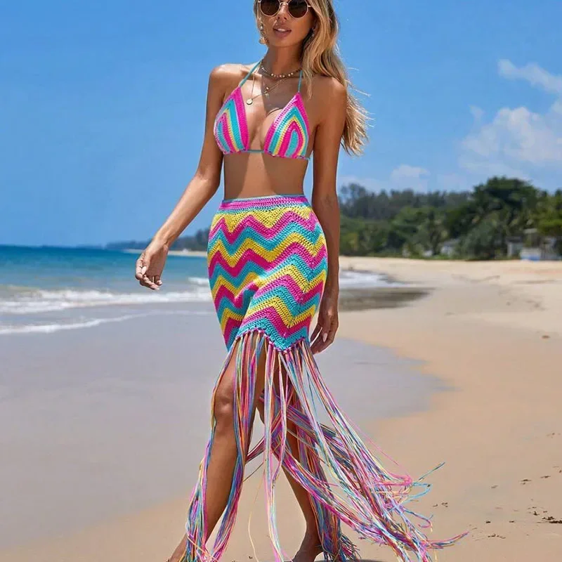 Striped Crochet Knitted Summer Dress Sets Women Two Piece Set Beach Swimwear Sexy Bra and Long Skirt Tassel Fringe Bathing Suit