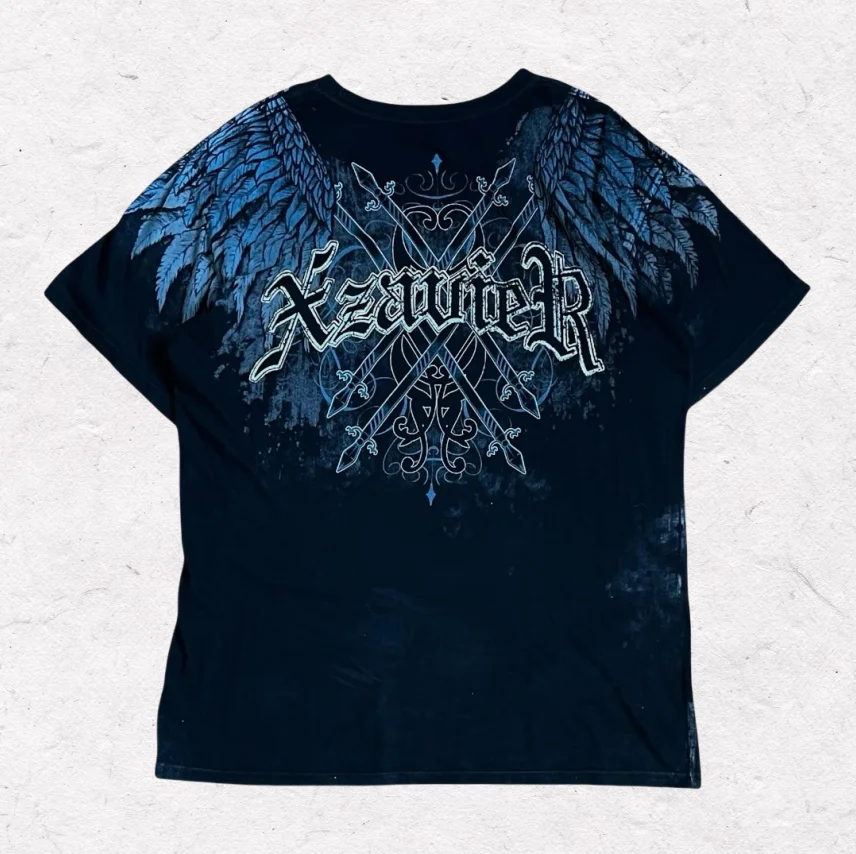 

Affiction Gothic Wings T-Shirt Dark Blue Cotton Vintage Printed Short Sleeve Retro Unisex Couple Tee Hip Hop Streetwear Summer