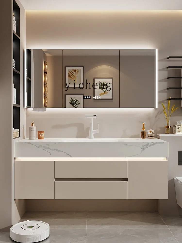 i10.10-Light Luxury Rock Slab Bathroom Cabinet Set Washroom Sink Face Washing Basin Solid Wood