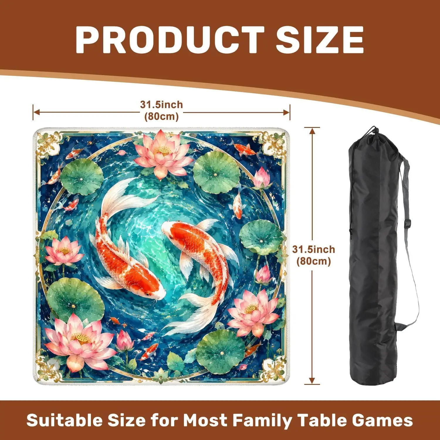 Neoprene 31.5 Inch 3mm Luxury Mahjong Mat Koi Fish Lotus Lily Pads Tranquil Water Non Slip Noise Reduction for Mahjong Games