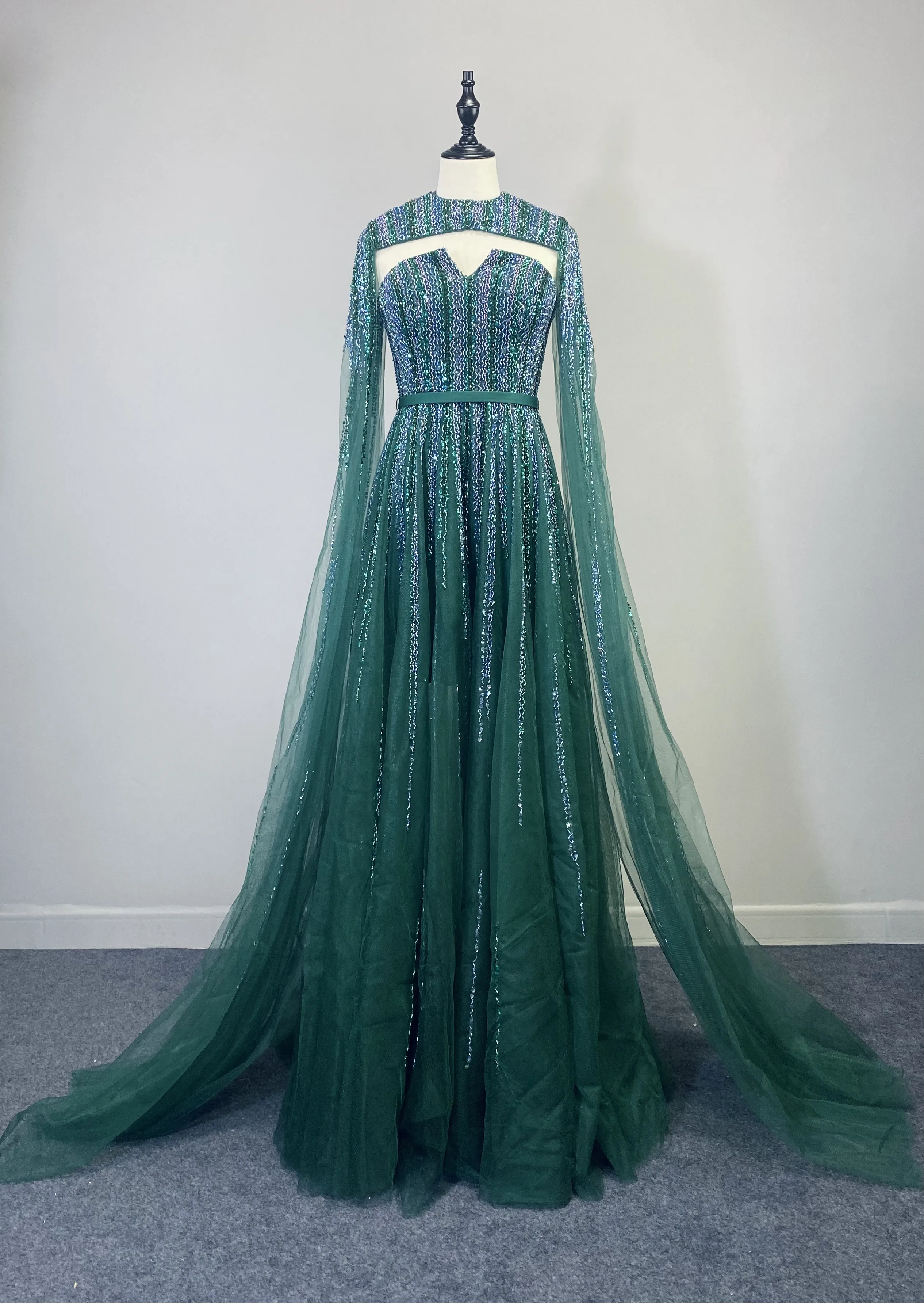 Hot Sale Arabic Green Cape Sleeves A Line Beaded Evening Dresses Long 2024 Celebrity Gowns For Woman Wedding Party LA71912