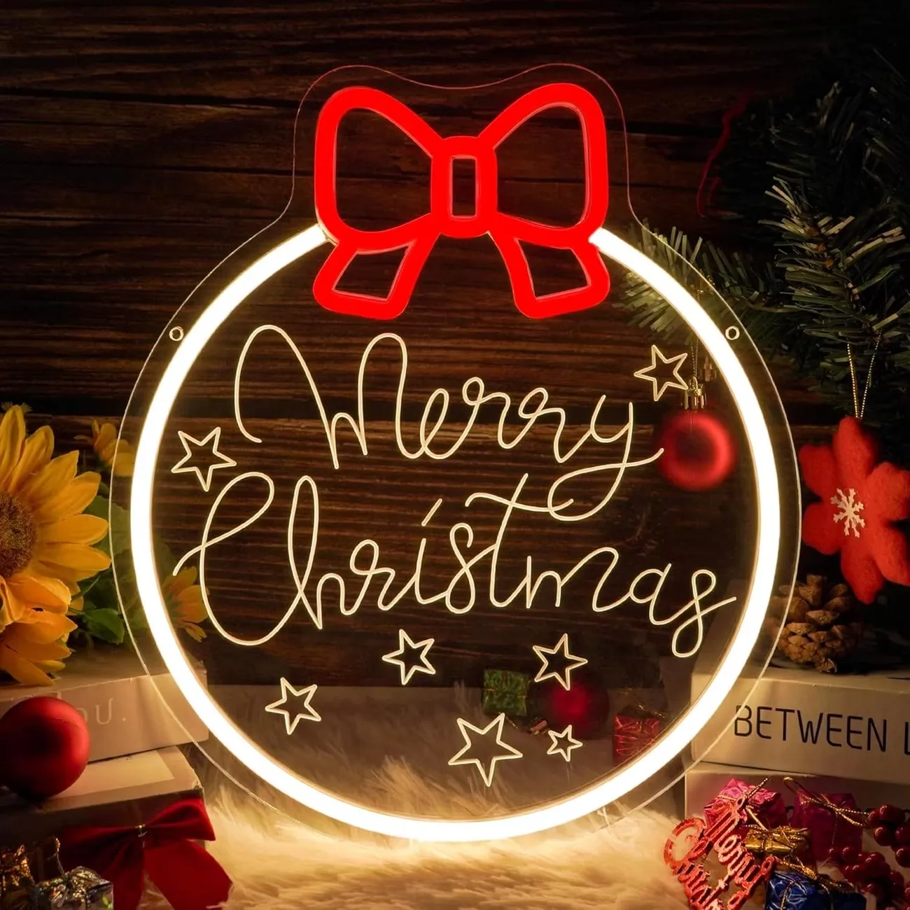 Round Merry Christmas Neon Sign Red Bow Star Pattern LED Wall Hanging Lamp Winter Holiday Indoor Wall Art Decor