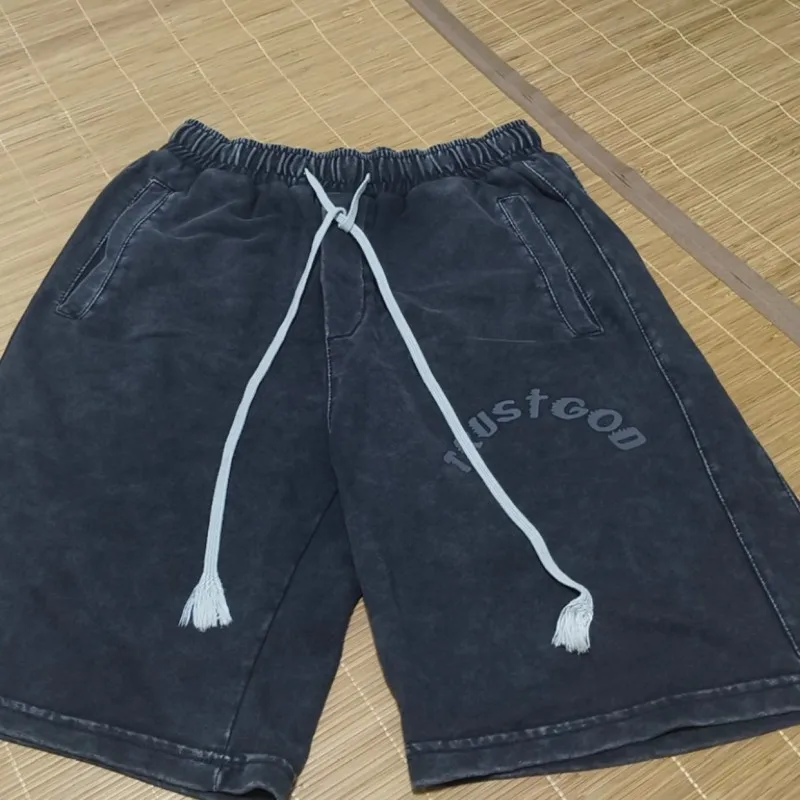 Vinatge Heavy Washed Black Shorts Kanye Foam Letter Print Sports Drawstring Five Quarter Pants Men Women American Street Outfit