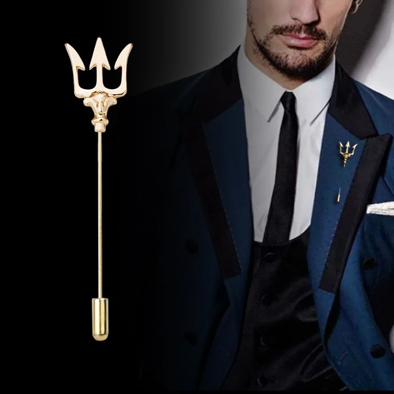 Fashion Versatile Men's Metal Trident Brooch Suit Badge Sweater Woman's Jewelry Brooches Long Needle Tassel Chain Lapel Pins