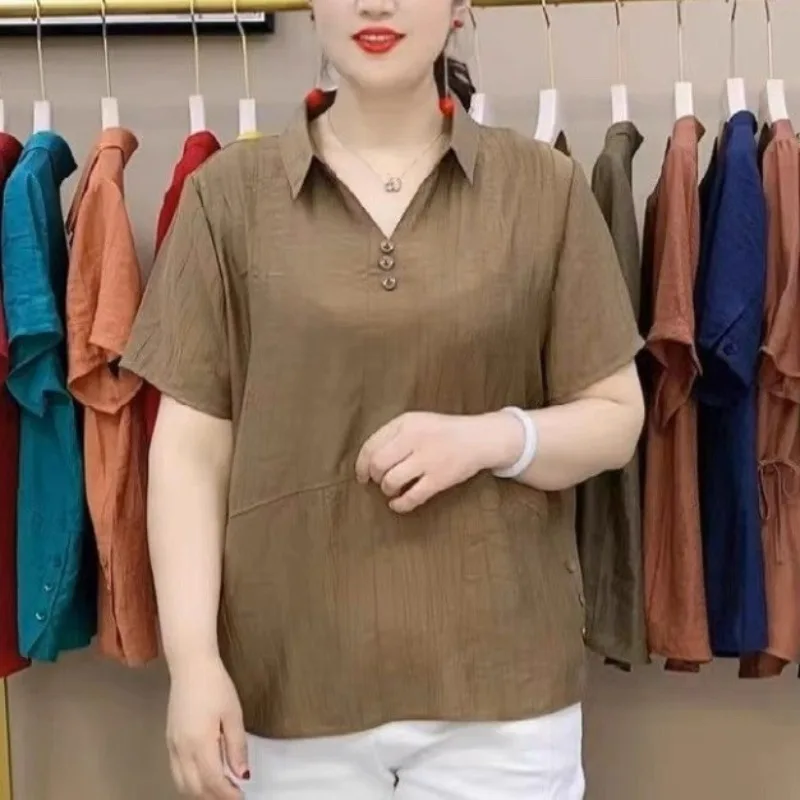 

Western Style 2024 Summer Women's Pullover Turndown Collar Fashion Solid Color Splicing Simple Commuting Loose Short Sleeved Top