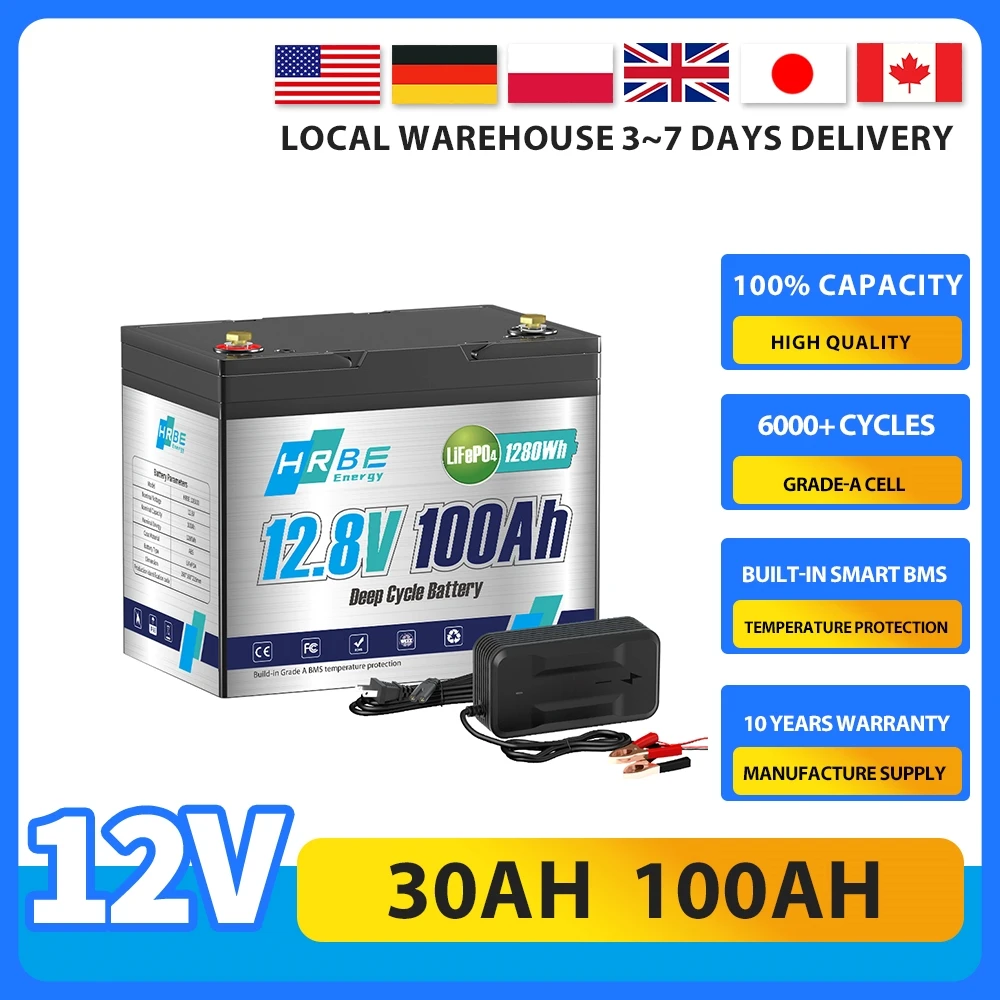 New 12V 100Ah 30Ah LiFePO4 Lithium Battery,Built-in BMS,A+ Rated Cells,Low Temperature Protection,for RVs,Solar Energy Storage