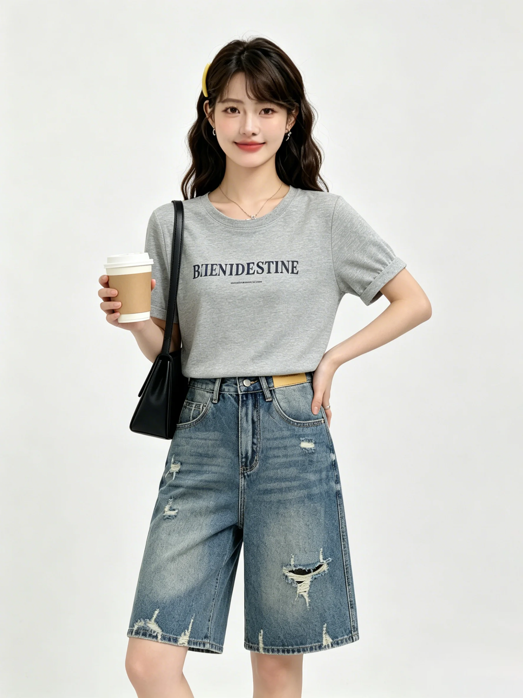 Retro American Washed High Waist Wide Leg Jeans Casual Summer Skin-friendly Versatile Torn Hole Design Denim Ladies Pants