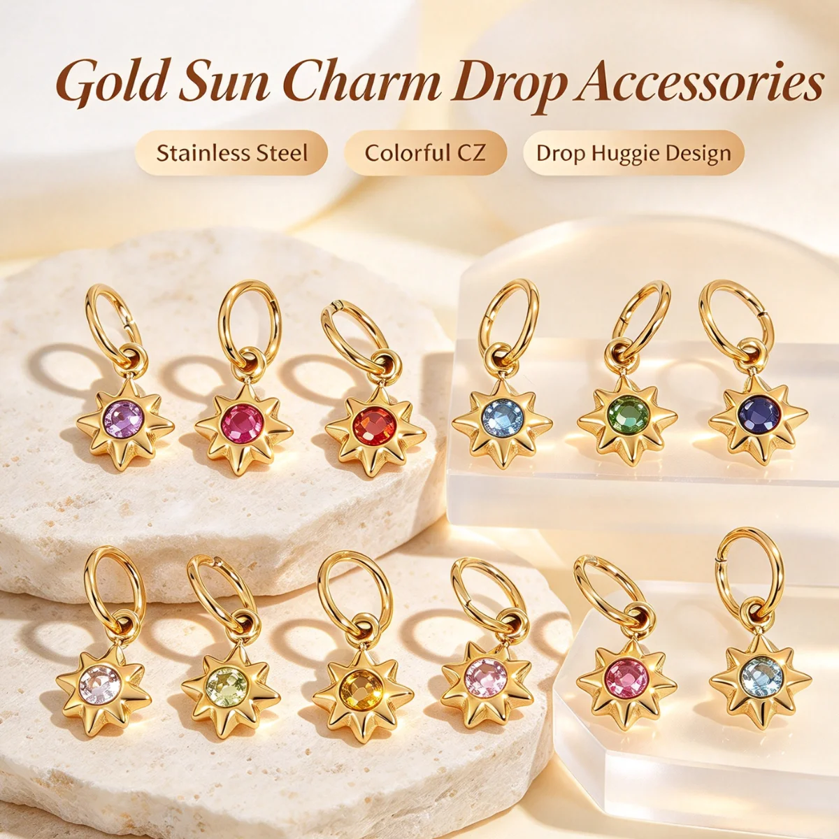 LUXUKISSKIDS 1pcs Sun Shine Charm Accessories for DIY Jewelry Necklace Bracelets Stainless Steel Colorful Zirconia 12 Birthstone