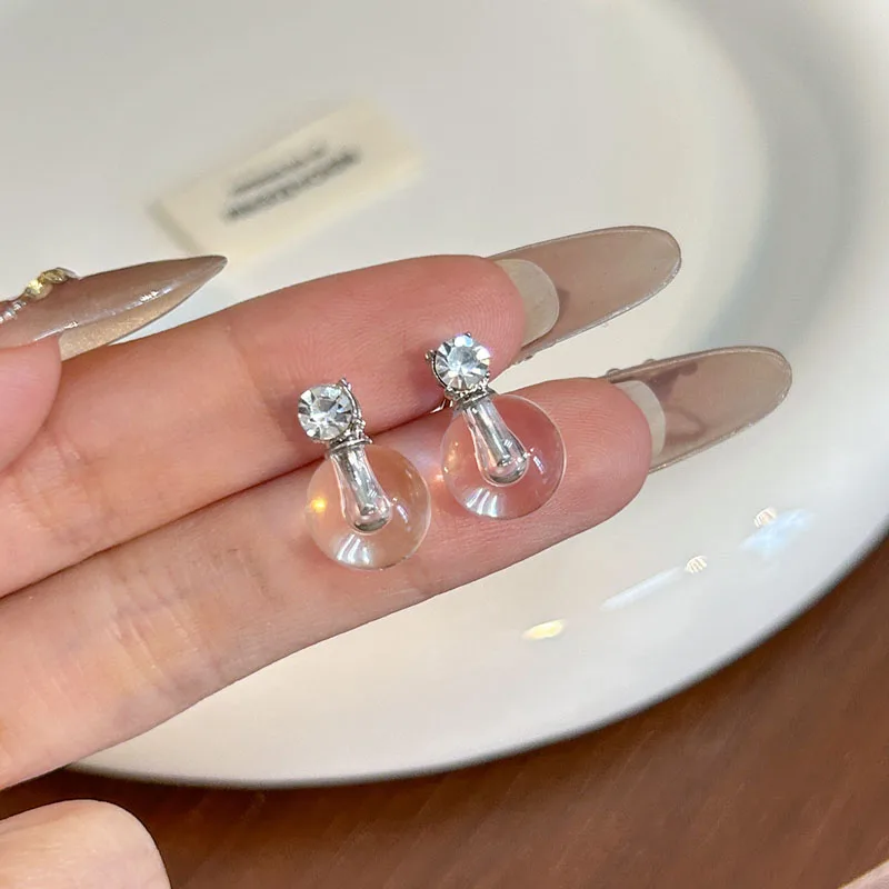 Bubble Stud Earrings Silver Tone Clear Resin Rhinestone Minimalist Elegant Trendy Women Daily Fashion Jewelry Accessories