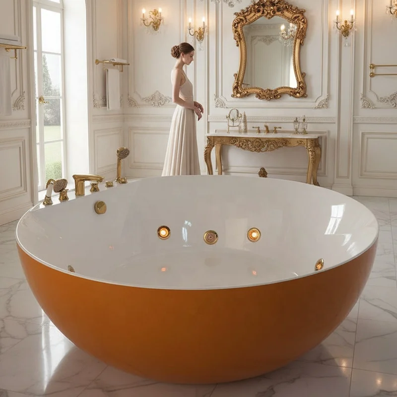&c Gold Bathtub with Colored Lights Massage Whirlpool Soaking Spa Bathtub Golden Faucet for Hotel