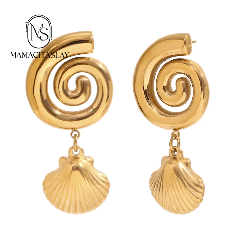 MamacitaSlay Waterproof Ocean Series Swirl Scallop Drop earings for womens Party premium stainless steel jewelry Decoration