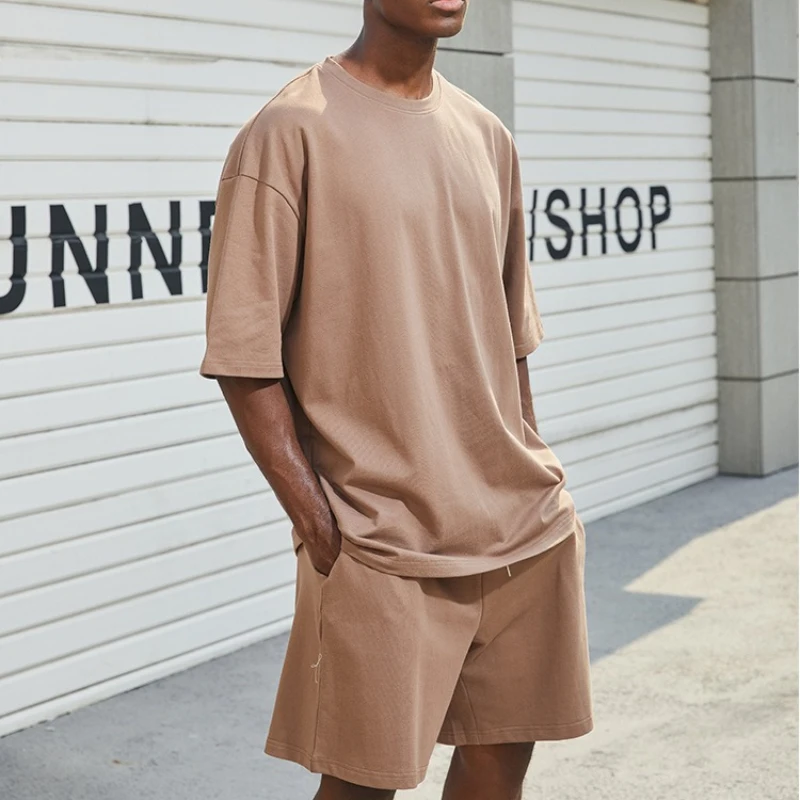 

2026 Heavy Cotton Streetwear Men's T-Shirts Sets Short-sleeved T-shirt + Shorts Matching Set Men Summer Leisure 2-piece Man Sets