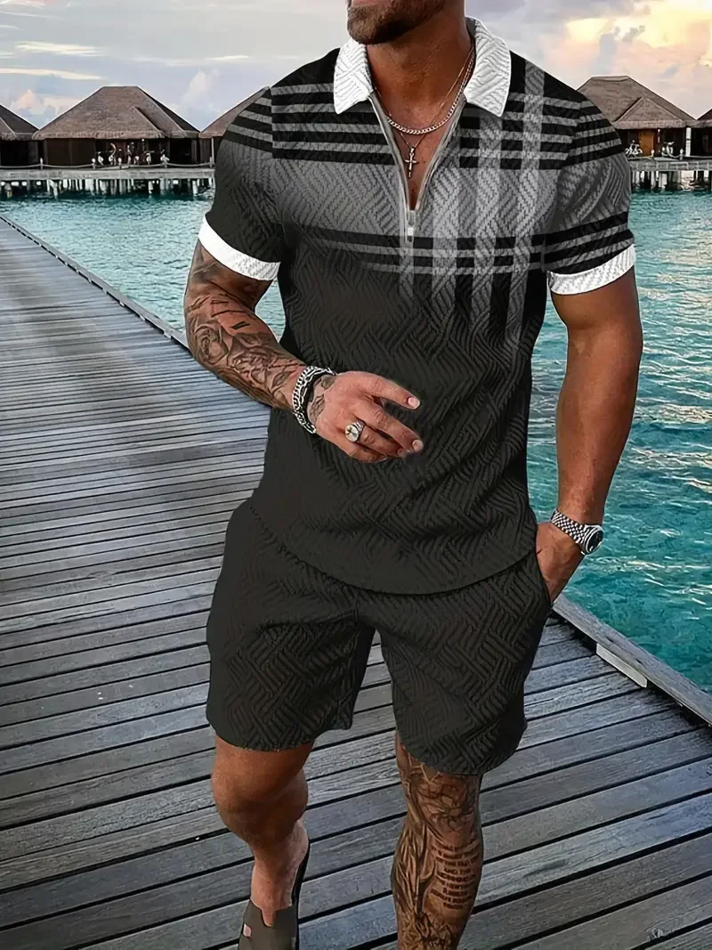 New summer 3D printed Polo shirt shorts suit men's casual fashion oversized short-sleeved shirt shorts suit men's suit Suit