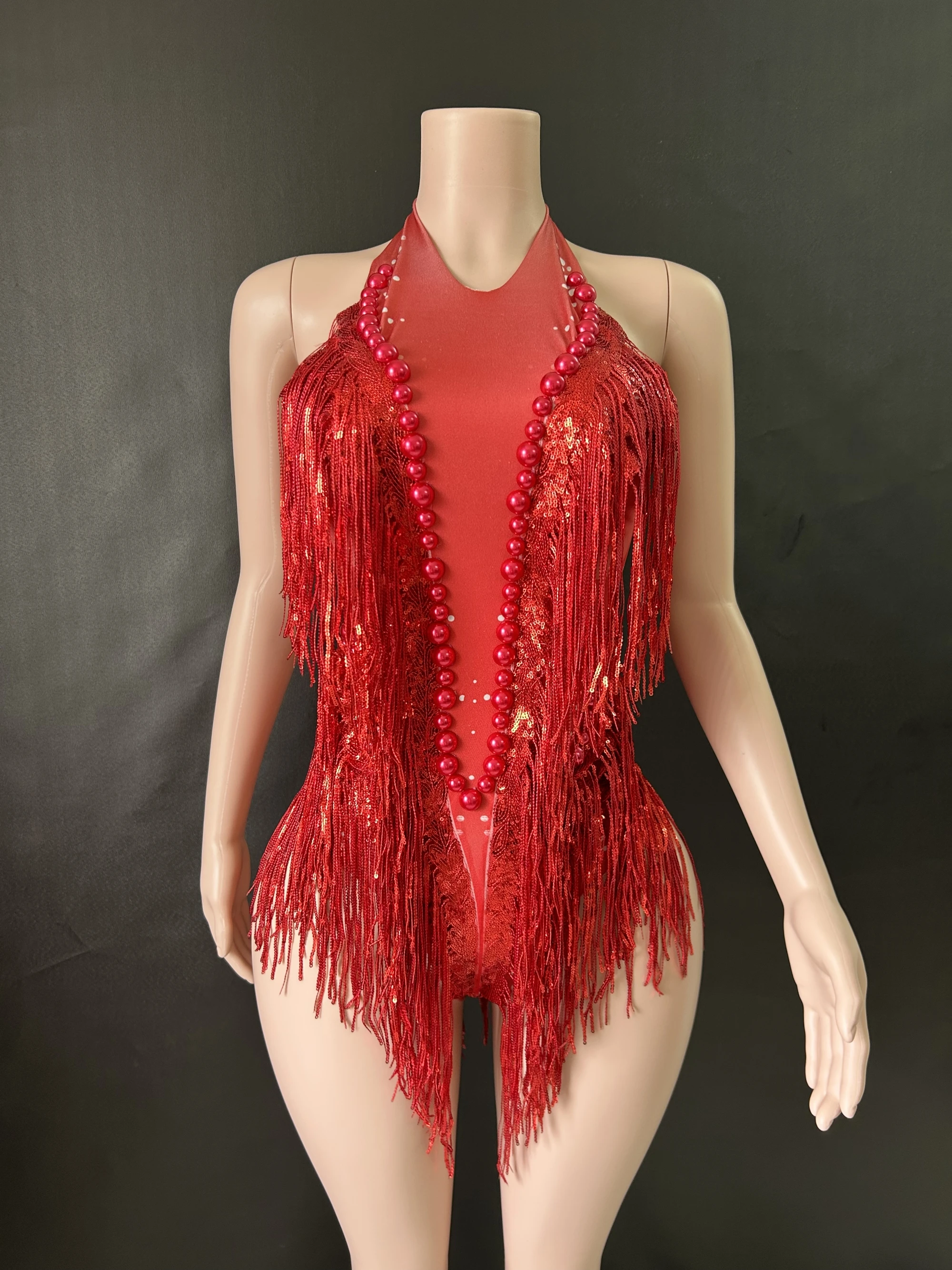 Sparkly Rhinestones Sequins Tassel LeotardWomen Nightclub Outfit Singer Dancer CostumeStage Wear Sexy Performance Bodysuit  7G