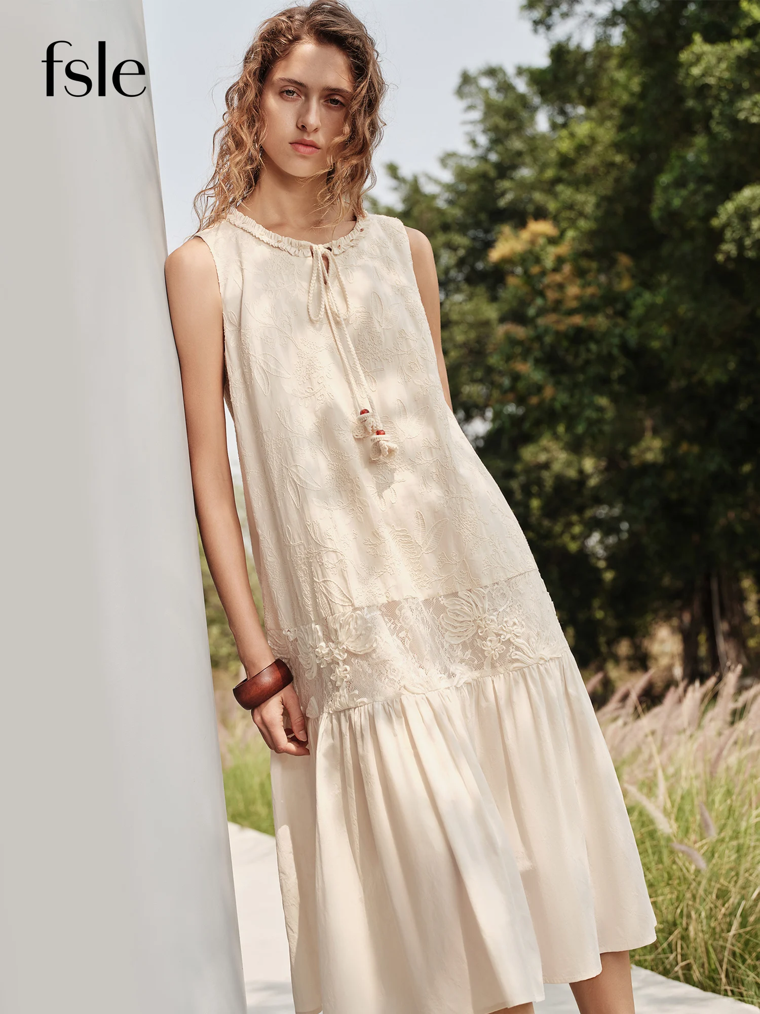 Patchwork Embroidered Sleeveless Cotton Midi Dress for Women