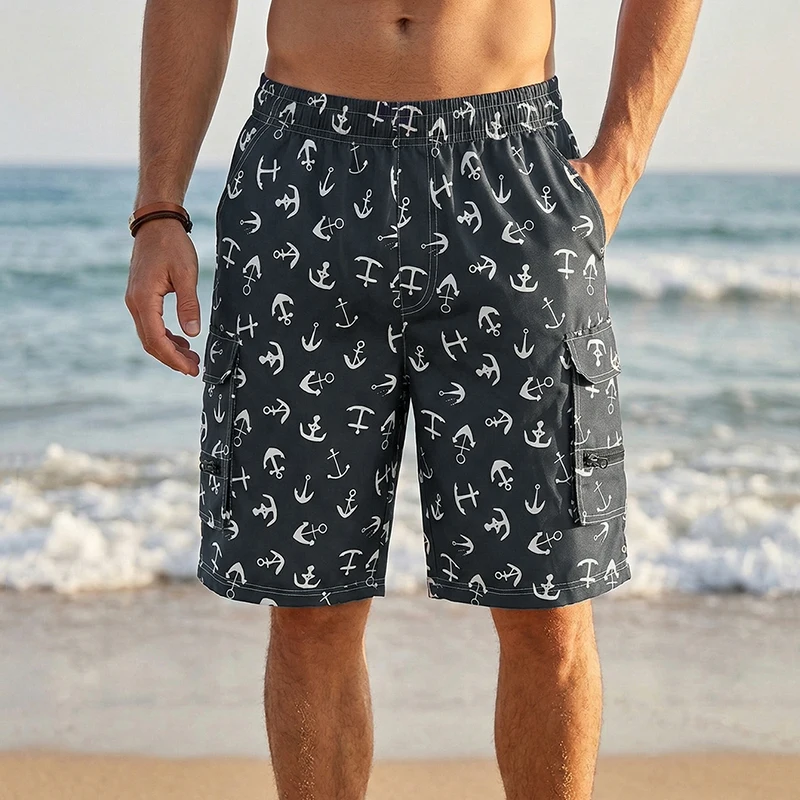 Mens All Over Print Beach Shorts with Multi Pockets Summer Quick Dry Board Shorts with Internal Drawstring Swim Trunks Swimwear