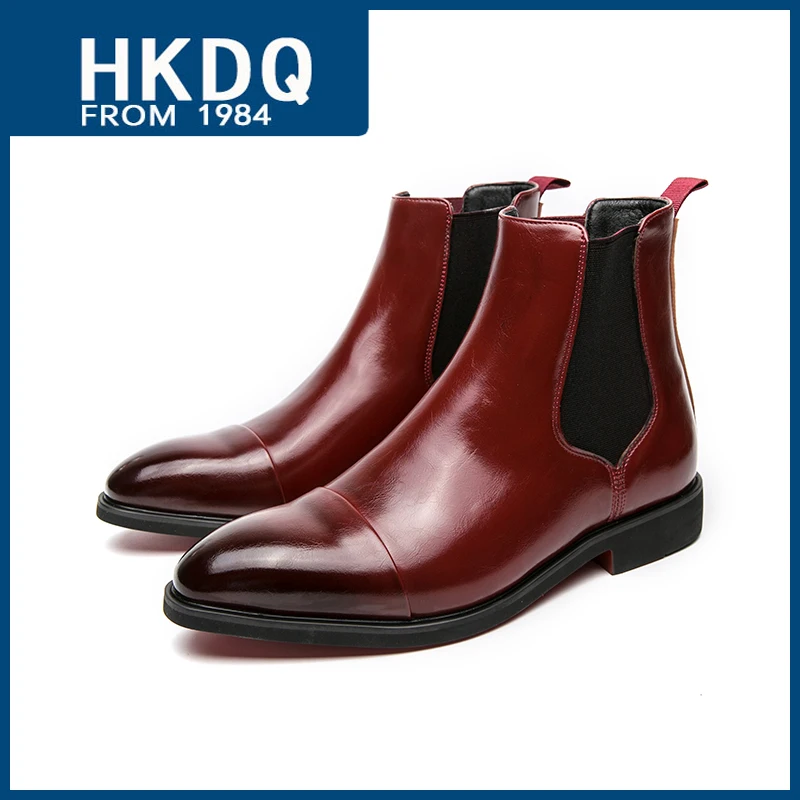 HKDQ Fashion Red Chelsea Boots Men Pointed High-top Men's Leather Boots Breathable Slip-on Man Casual Ankle Boots Big Size 38-46