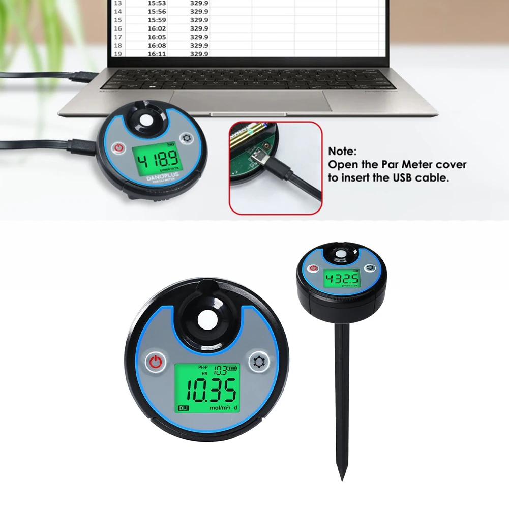 Digital Display Light Integrator for PAR and DLI Monitoring with Timestamped Records and 30-Day On-Screen Data