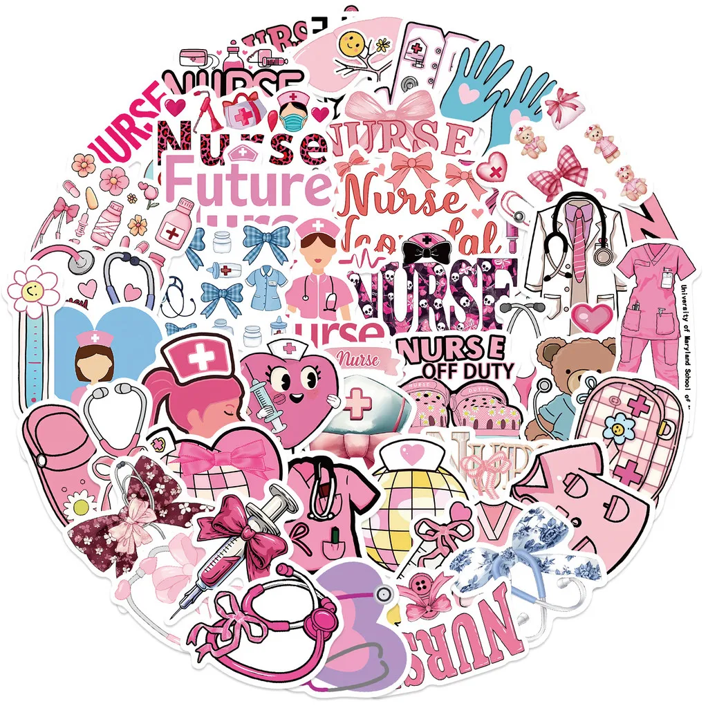 50Pcs Pink Bow Nurse Graffiti Stickers - Waterproof Decor for Guitars, Notebooks & Luggage RecordingYourLife Store