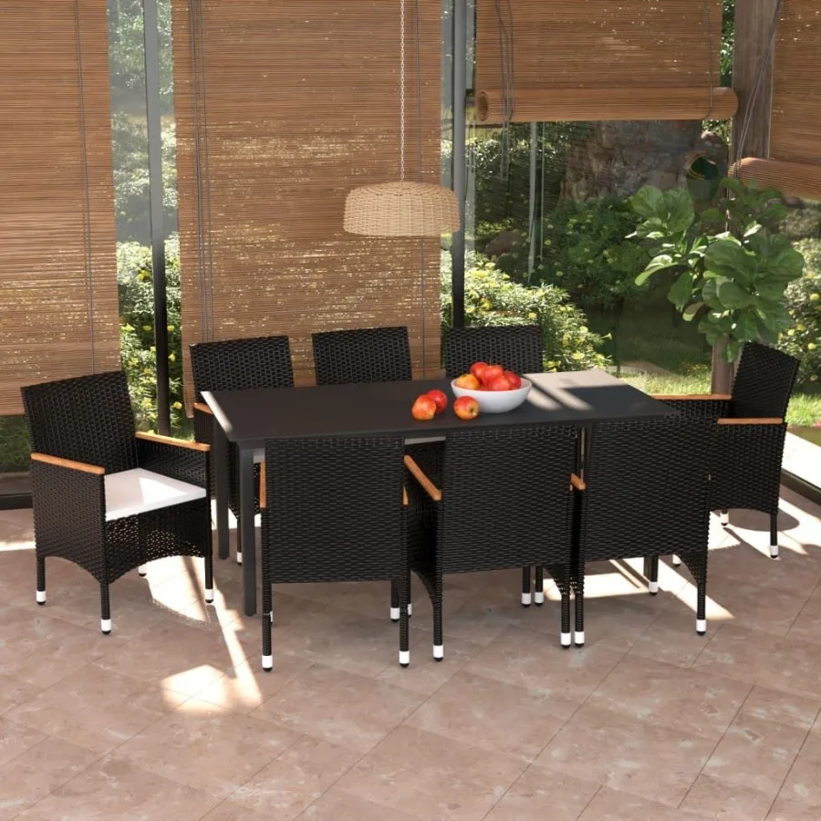 

9 Piece Patio Dining Set with Cushions Poly Rattan Black
