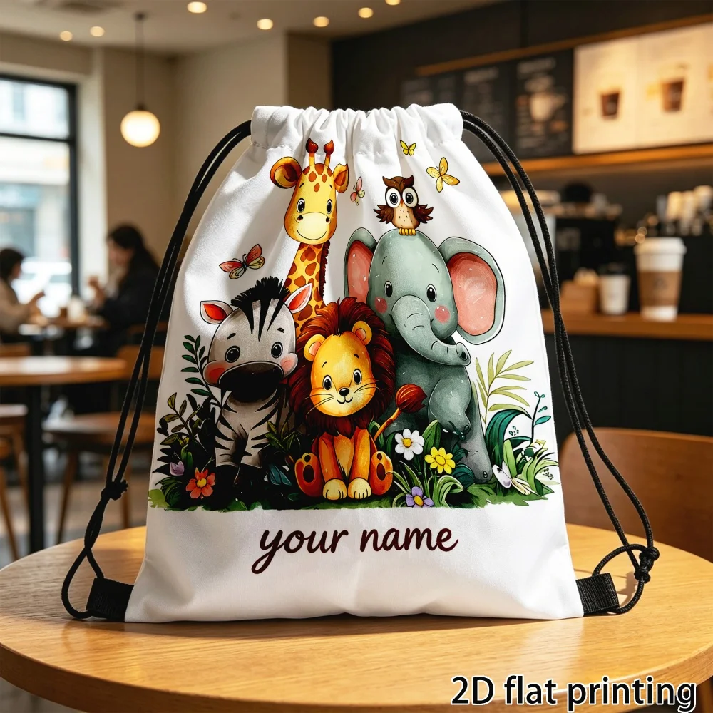 1Pc Custom Name/Text Cute Animal Pattern Drawstring Backpack, Lightweight Sports Bag, Gym Storage Bag, Outdoor Travel Rucksack